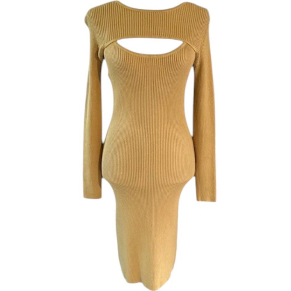 House of Harlow 1960 Bronze Mustard Ribbed Sweater Dress Cropped Shrug Med NWT - Picture 2 of 16